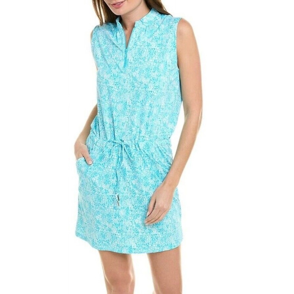 Ibkul Zip Mock Neck Sleeveless Turquoise Blue Active Dress UPF 50 Drawstring XL